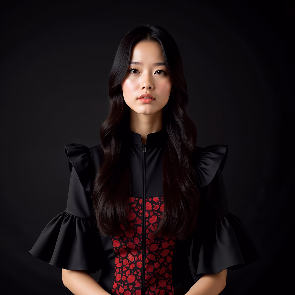 Elegant black and red portrait with intricate details and bold contrast.