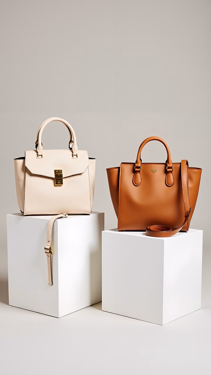 Elegant beige and brown handbags displayed on white pedestals.