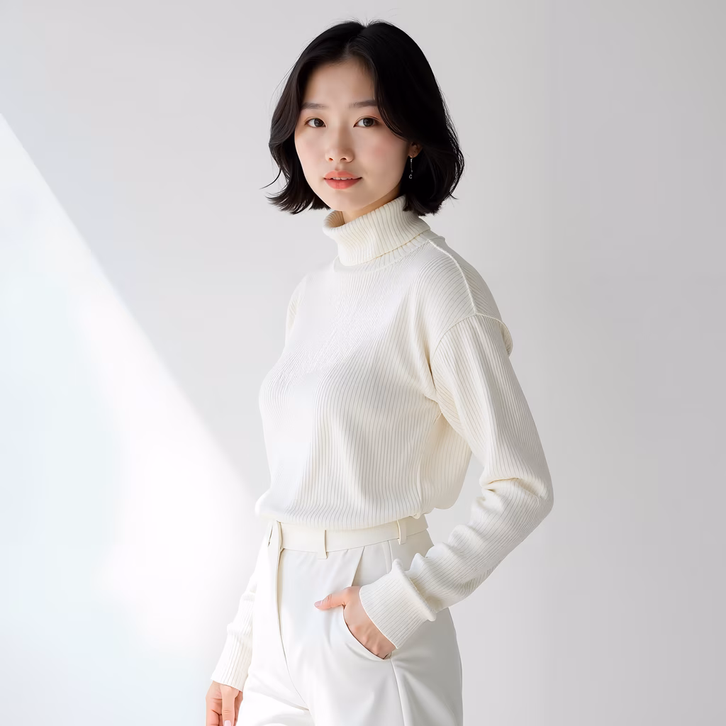 Minimalist fashion portrait featuring a woman in cream attire, exuding elegance and sophistication.