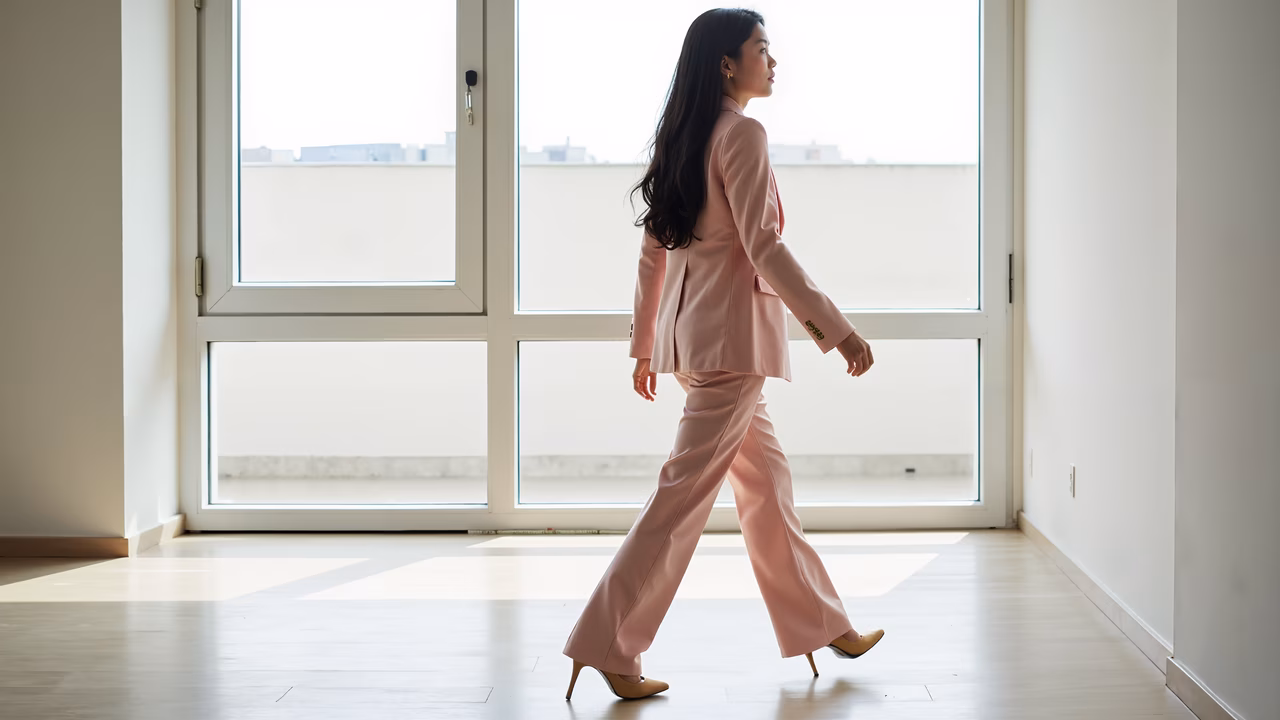Elegant pink suit walking through a minimalist room, bathed in natural light.