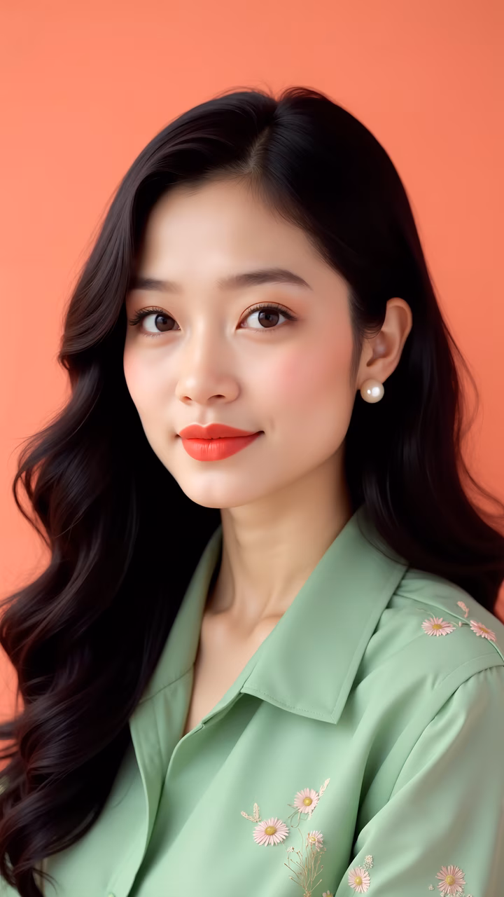 Elegant portrait of a woman in a light green blouse with floral embroidery against a peach background.