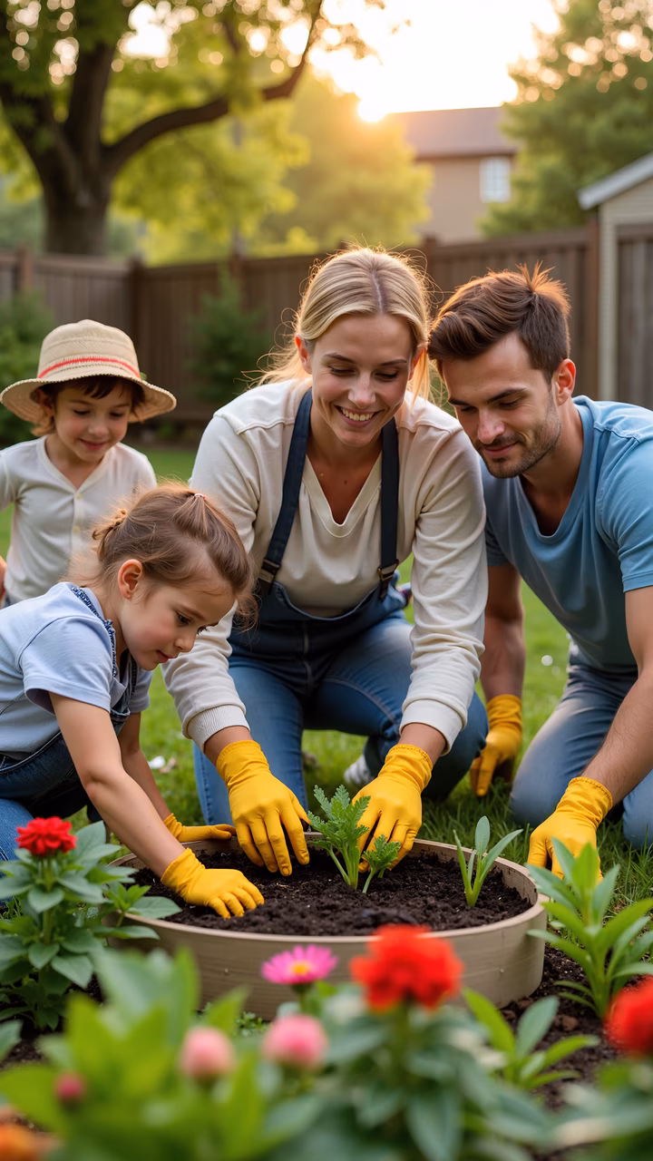 A family of four enjoys gardening together in a sunny backyard, surrounded by lush greenery and colorful flowers.