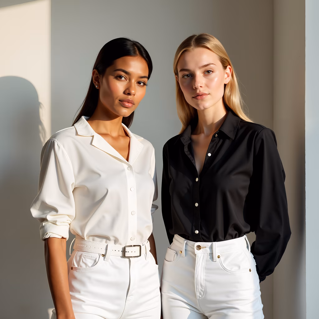 Minimalist fashion duo in soft natural light.