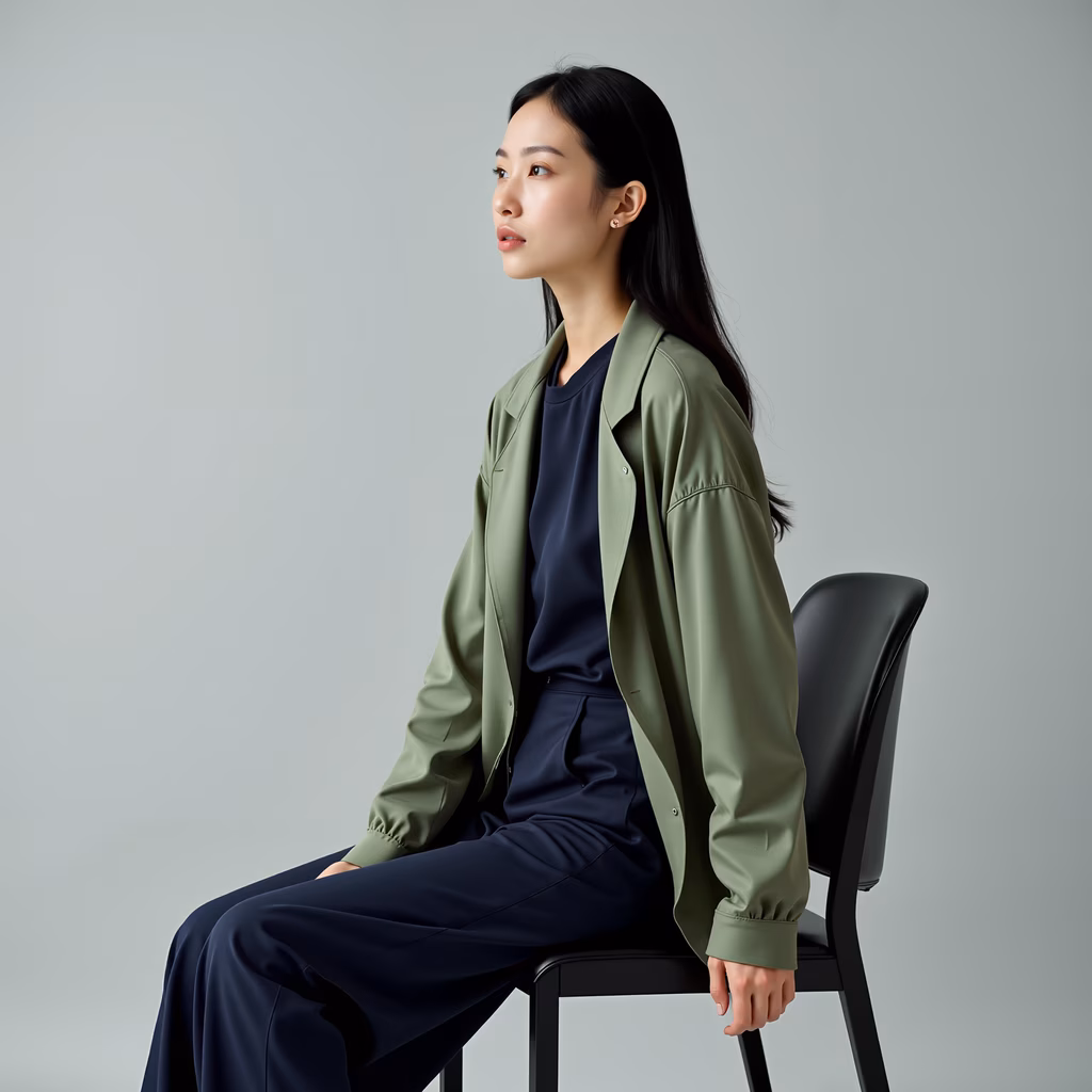 Minimalist fashion portrait with olive green jacket and navy blue pants.