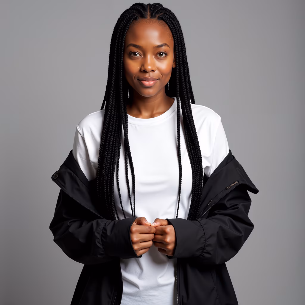 Confident fashion portrait with stylish black jacket and white t-shirt against a neutral gray backdrop.