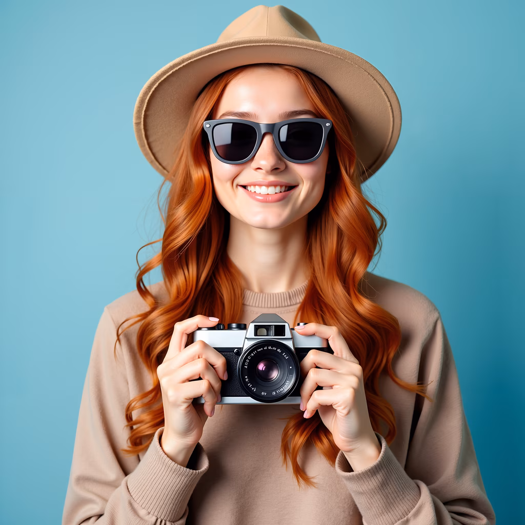 Stylish fashion portrait with red hair and a vintage camera.