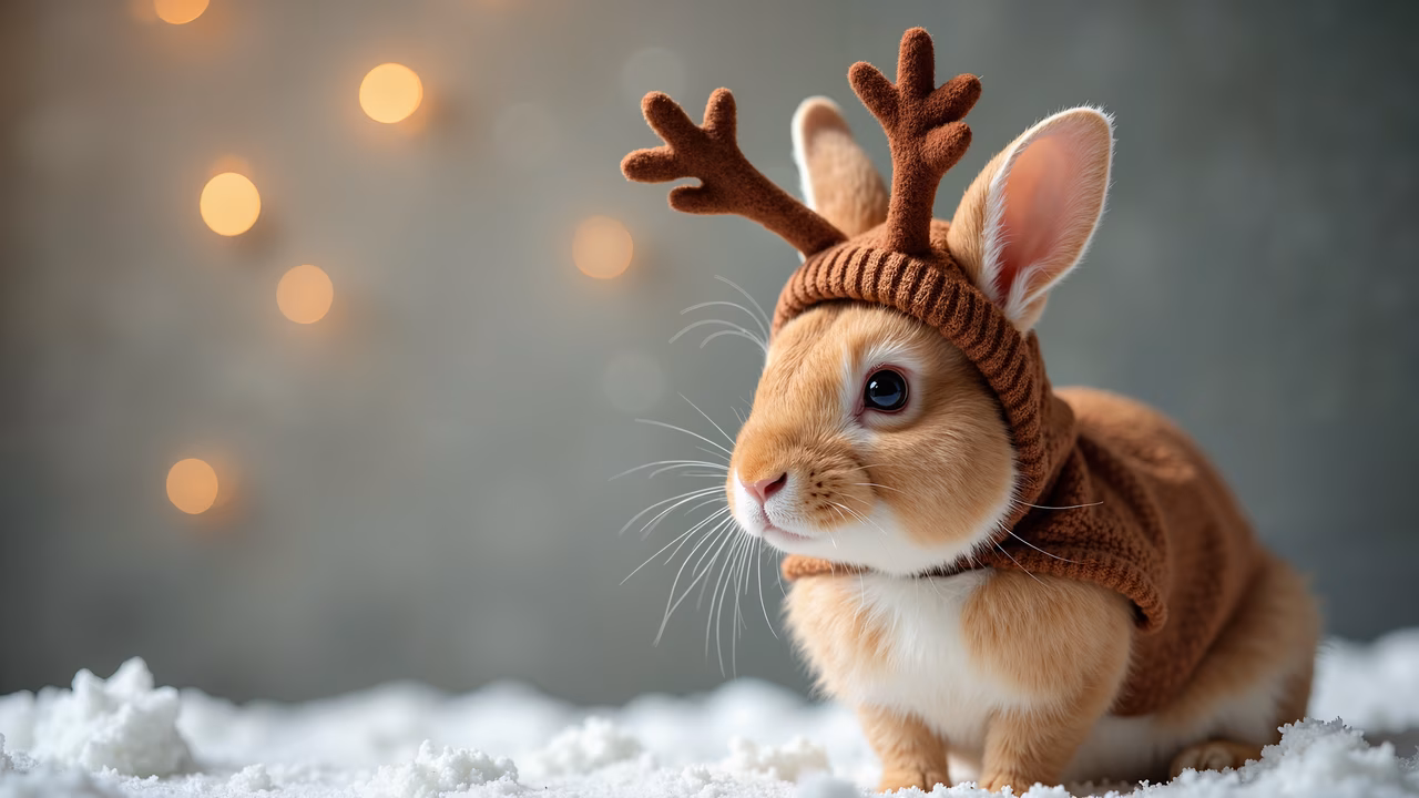 A cute bunny dressed as a reindeer in a snowy setting, perfect for Christmas celebrations.