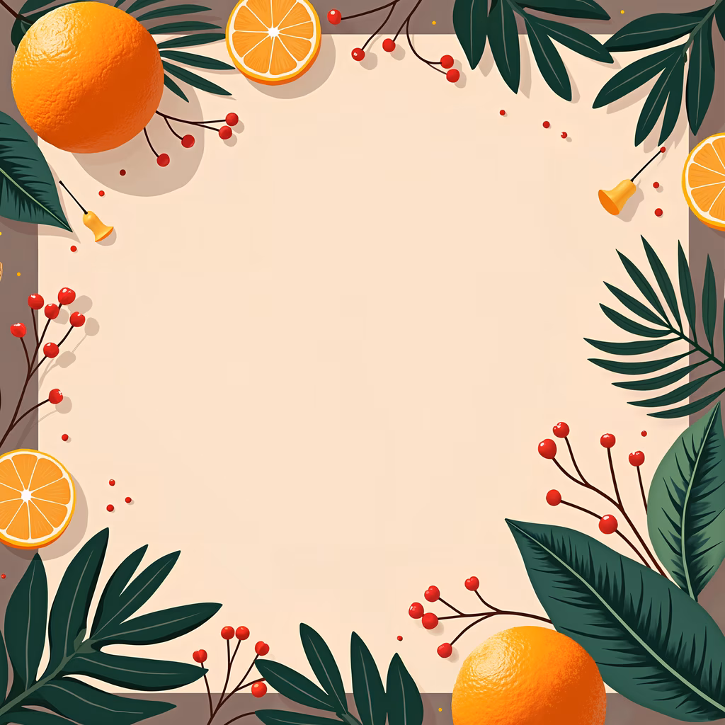 Vibrant festive frame with oranges and berries on a beige background.