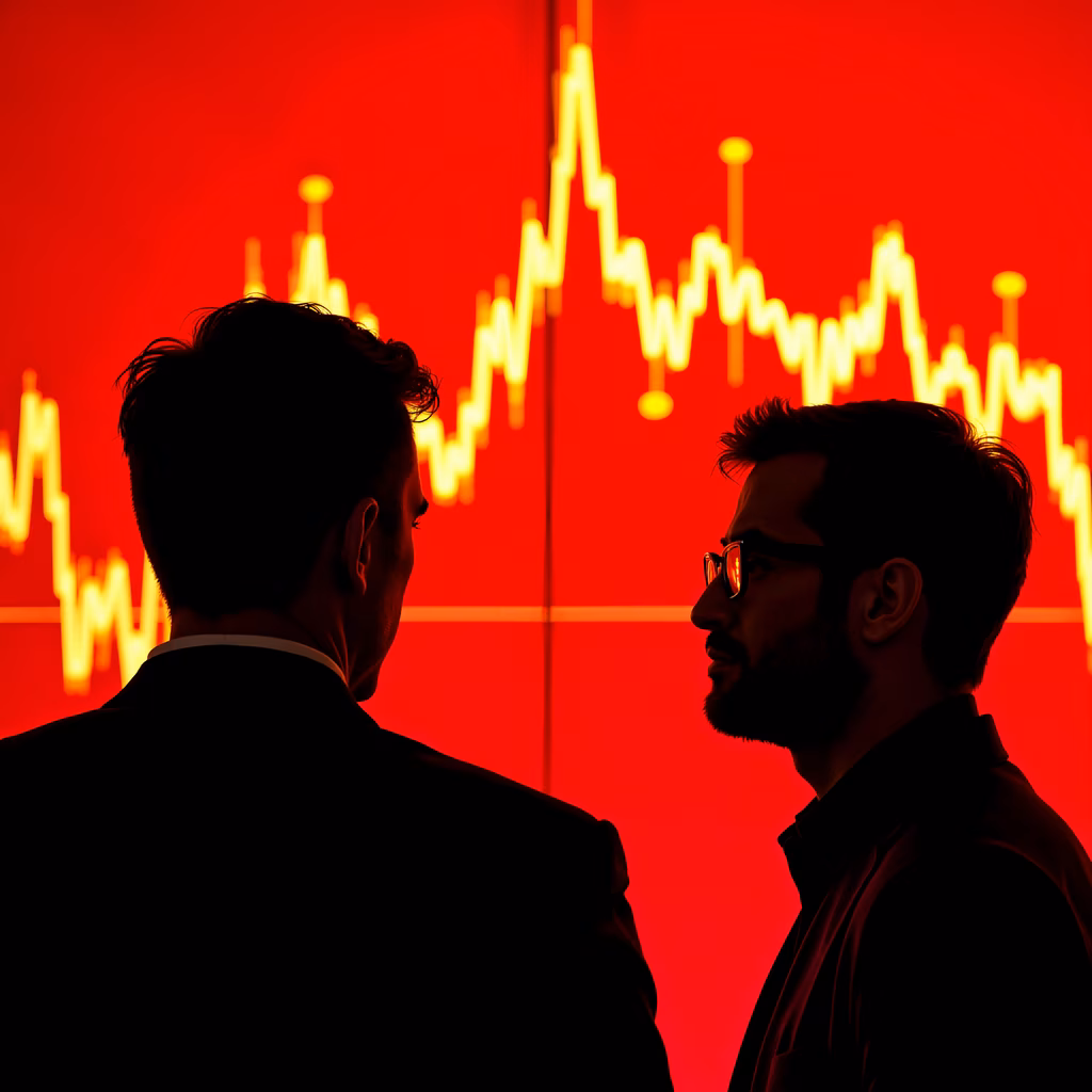 Silhouettes of two individuals analyzing a volatile stock market graph.