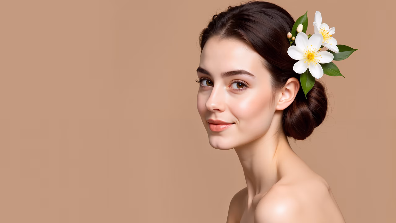 Softly lit floral beauty portrait with elegant hairstyle and natural flowers.