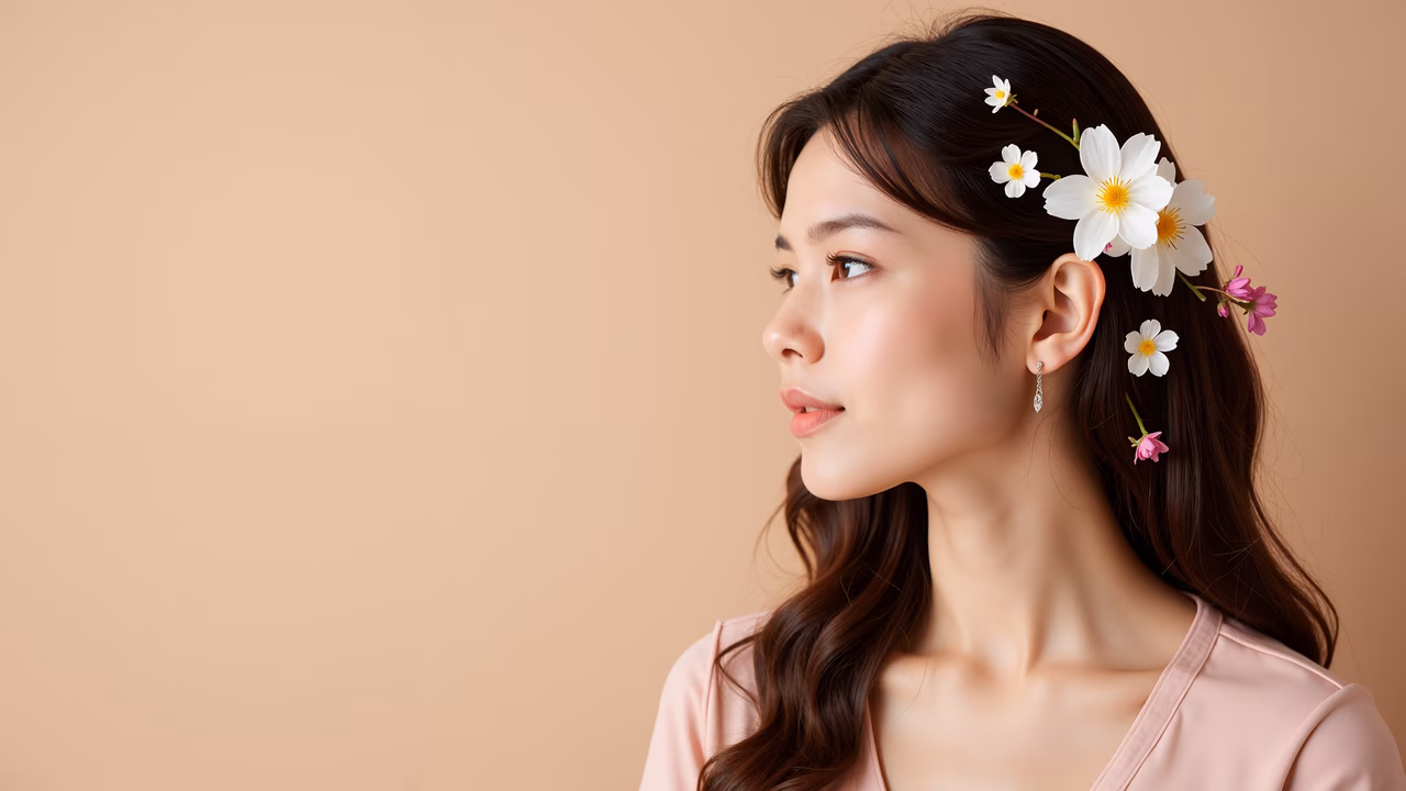 Soft floral crown portrait with serene beauty against beige background.