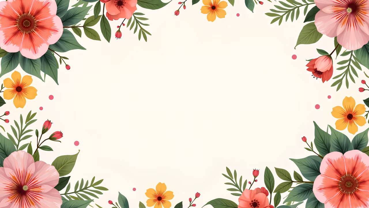 Symmetrical floral frame with bright colors on a beige background.