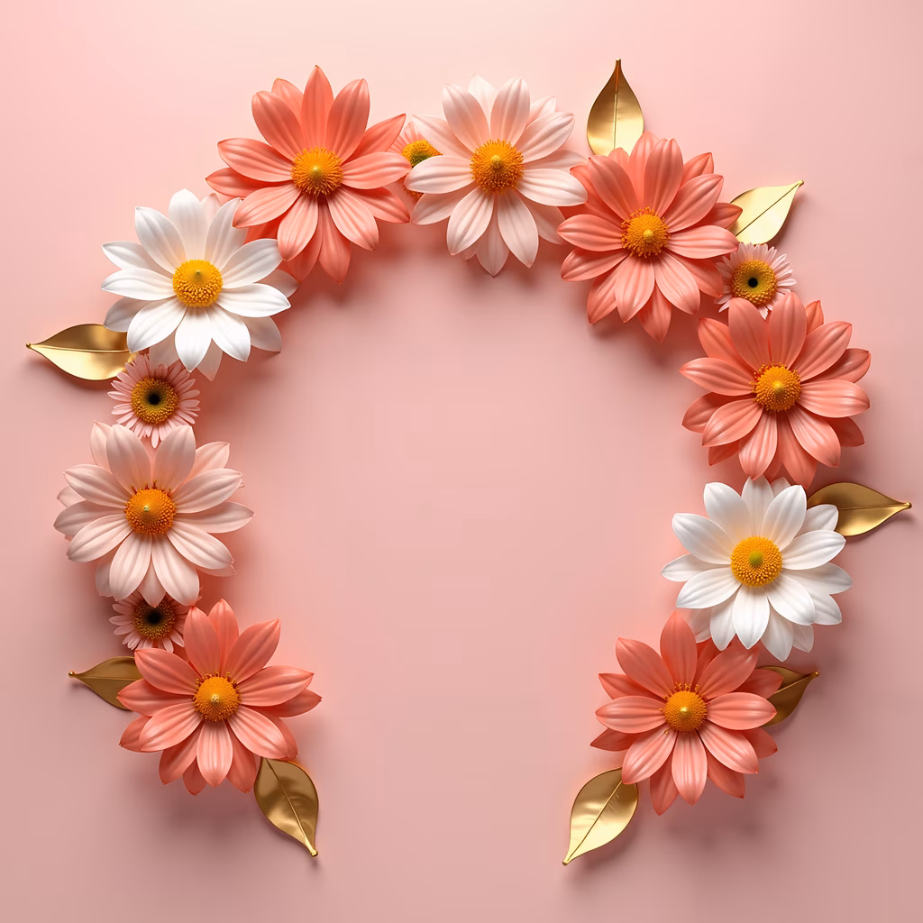 Vibrant floral heart design with gold accents on a pink background.