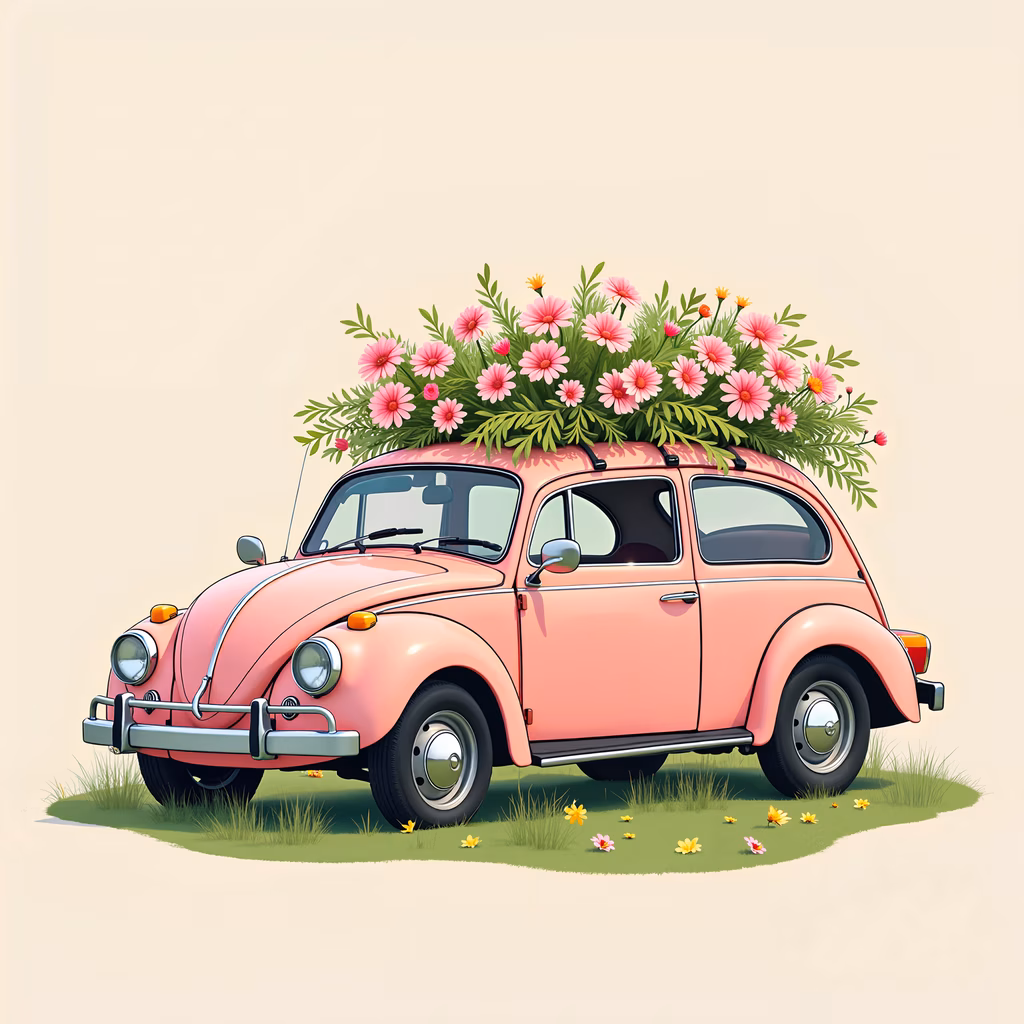 Whimsical pink VW Beetle with floral roof, evoking summer joy.