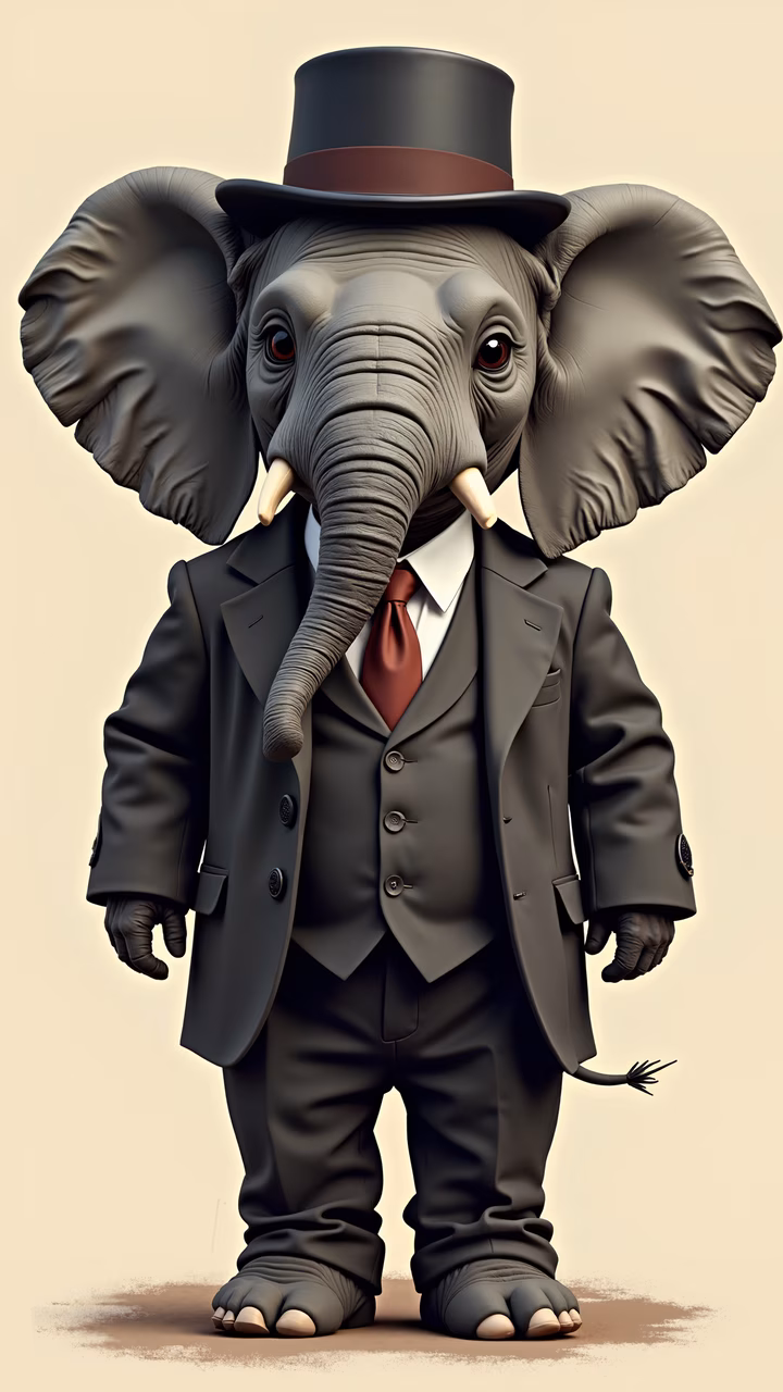 Formal elephant in suit and top hat, elegant animal art