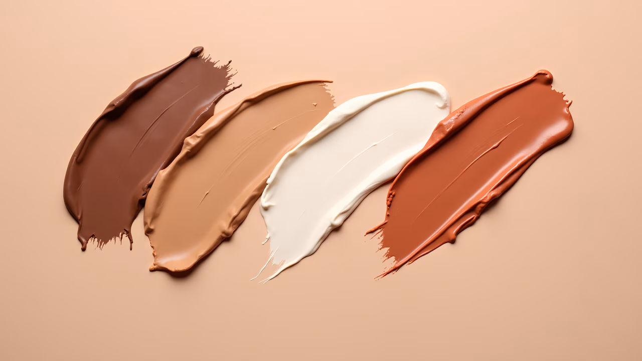 Four foundation swatches in various shades against a neutral background.