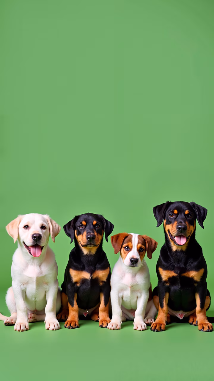 Four puppies with varied coat colors sit together against a bright green backdrop.