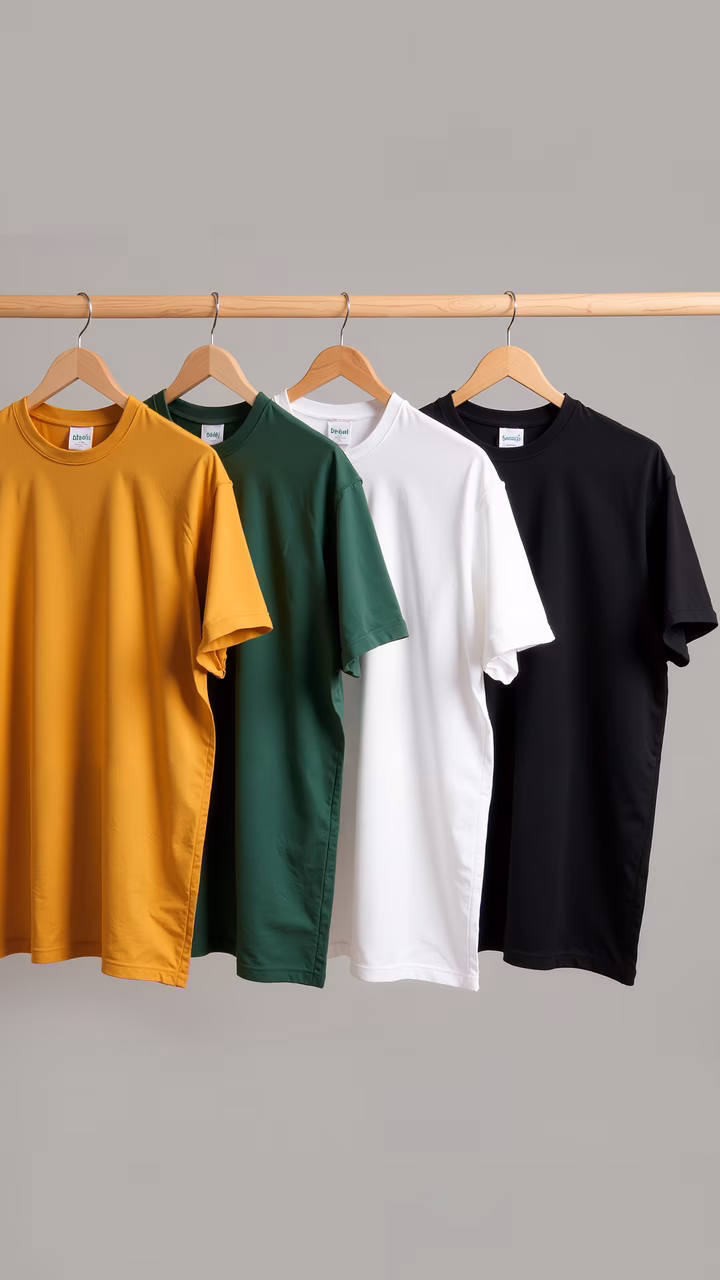 Minimalist t-shirt display featuring four distinct colors.