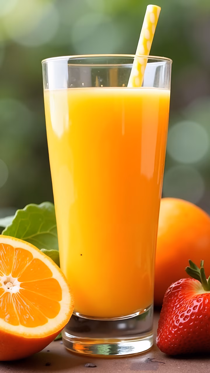 Bright yellow orange juice with fresh fruit slices.