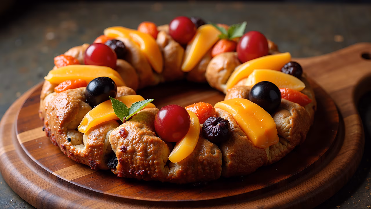A fruit bread wreath adorned with fresh fruits on a wooden board, perfect for a festive treat!