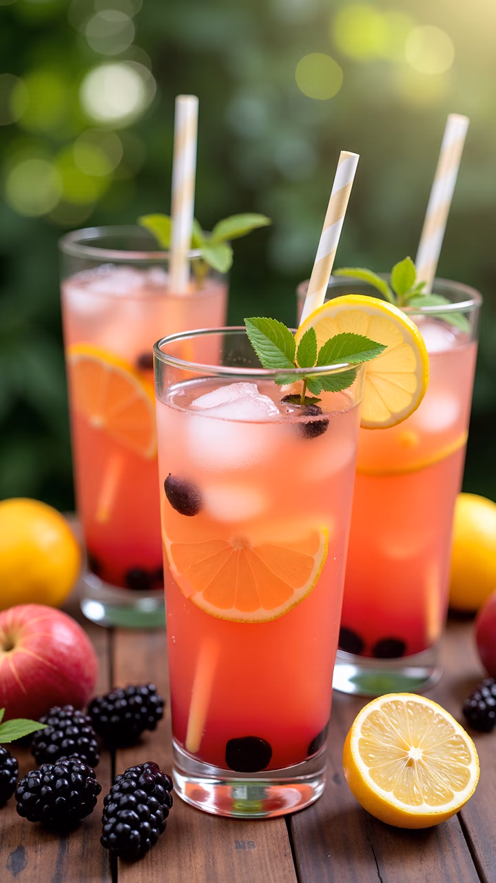 Refreshing fruit-infused lemonade with vibrant colors and fresh garnishes.