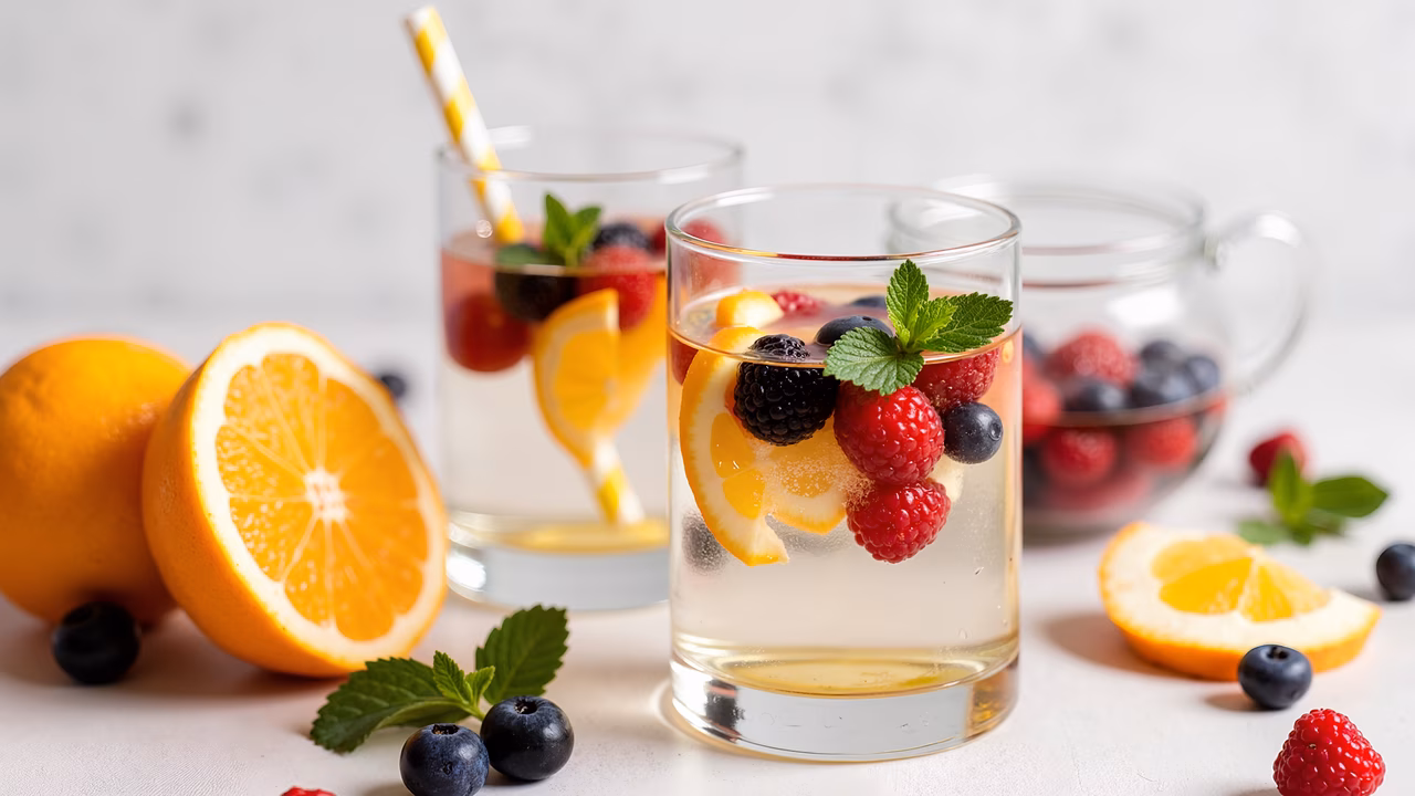 Refreshing fruit-infused water with vibrant berries and mint garnish.