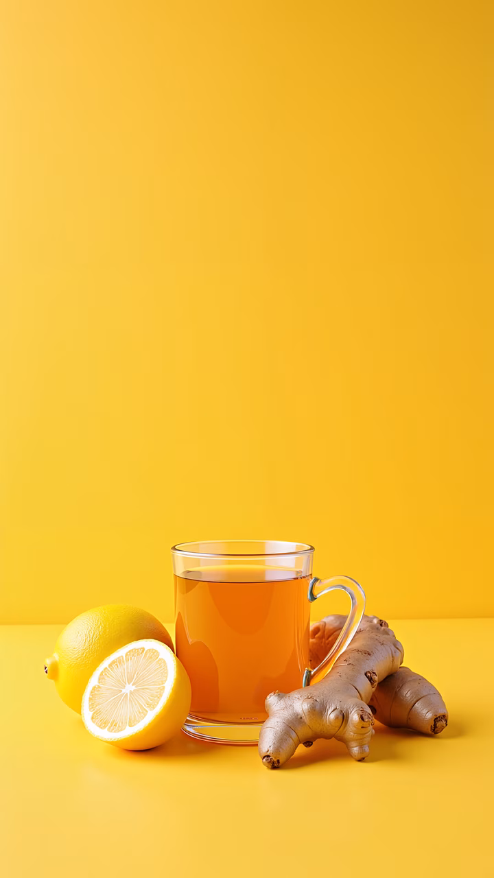 Bright yellow background with ginger tea and lemon slices.