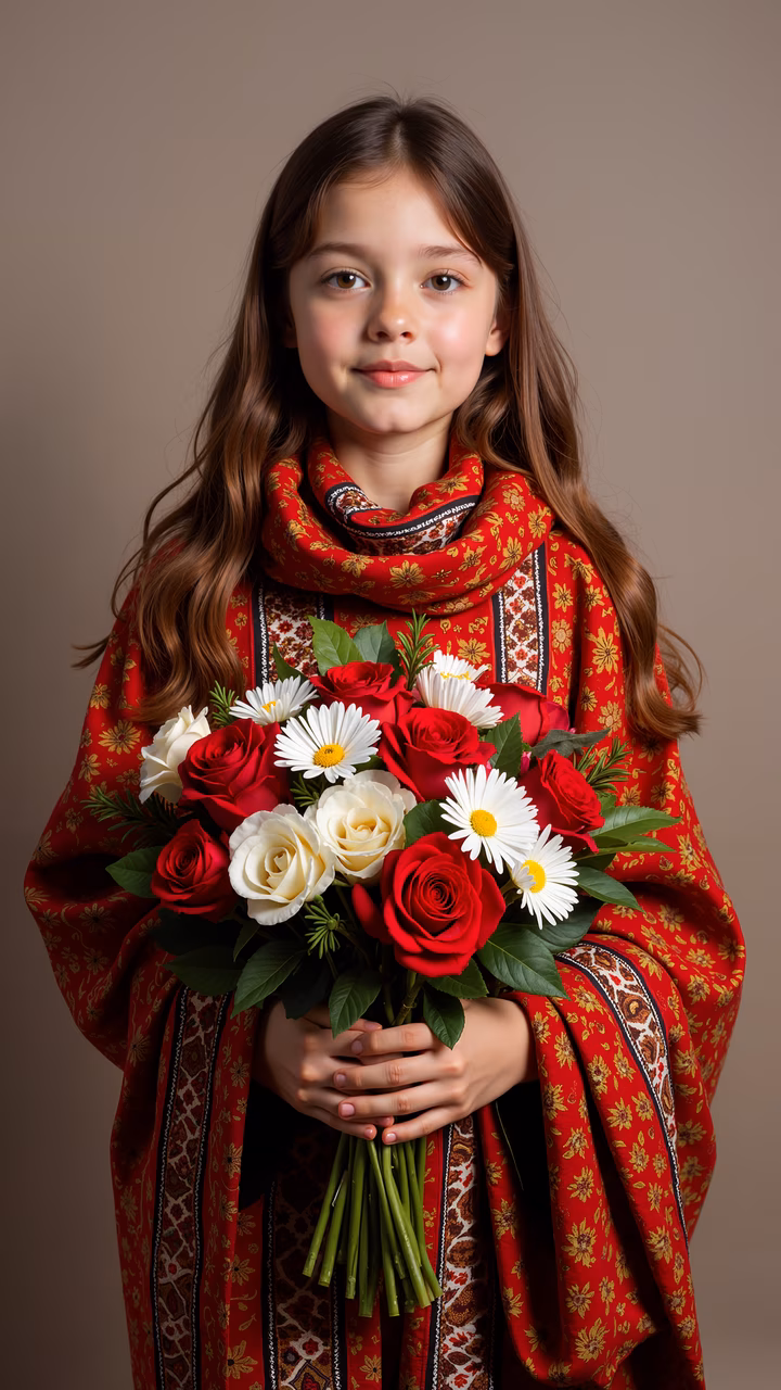 A young girl in traditional dress holding a bouquet of flowers, exuding warmth and celebration.