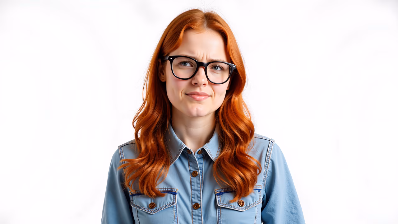 Close-up portrait of a girl with red hair and glasses, wearing a denim shirt, set against a white studio backdrop.