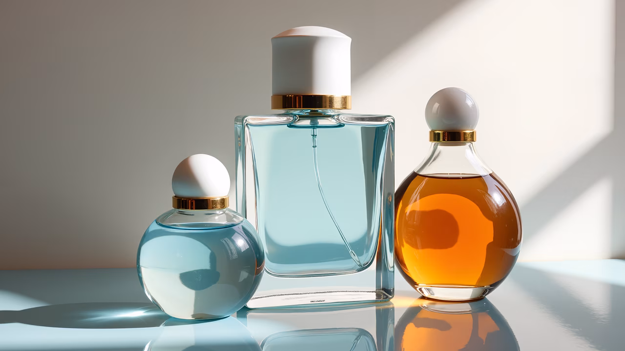 Elegant perfume bottles in a minimalist setting, showcasing reflective surfaces and soft lighting.