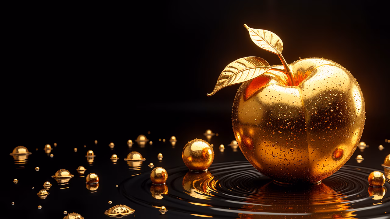 Shimmering golden apple with luxurious surroundings on a reflective surface.