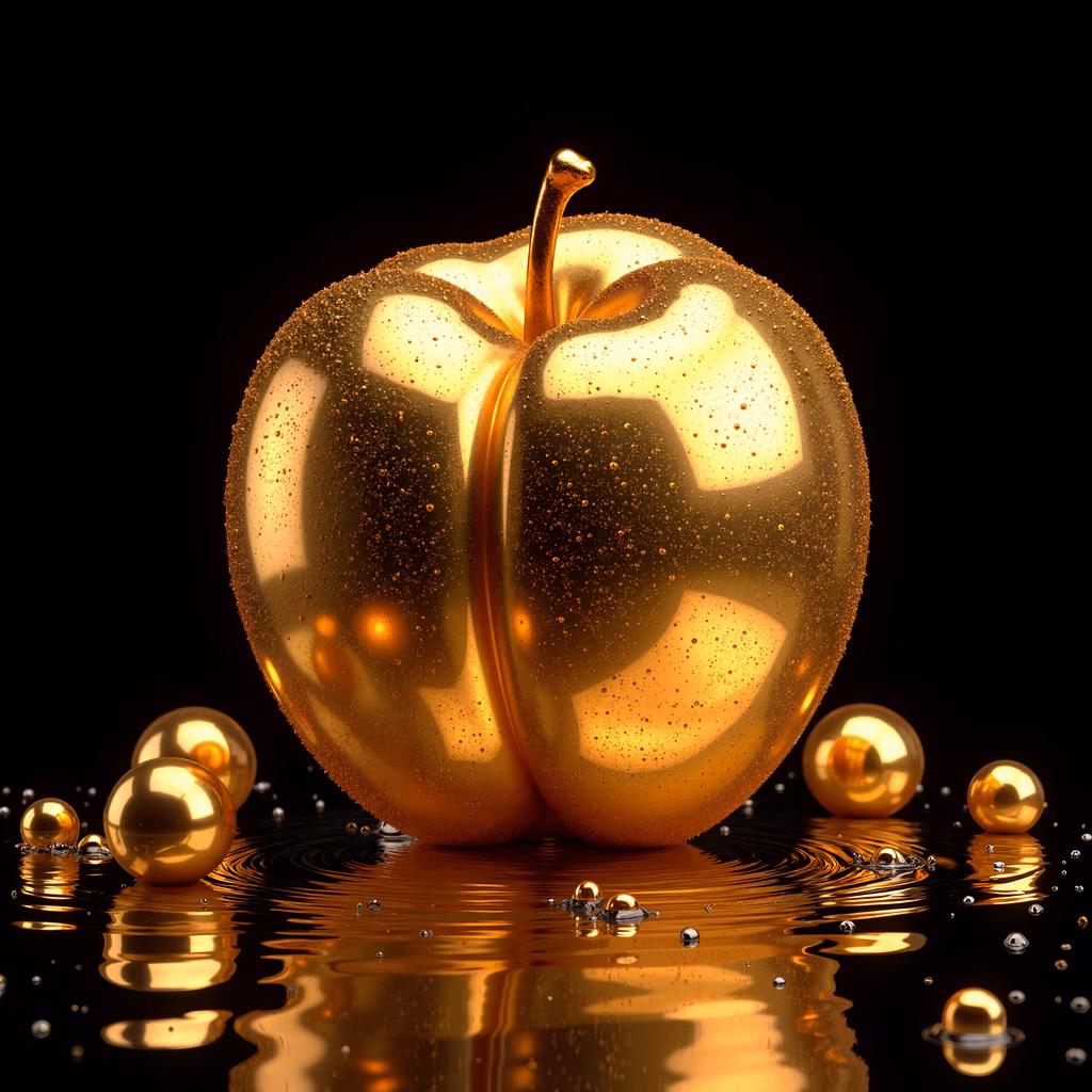 Shimmering golden apple with reflective surface and luxurious surroundings.