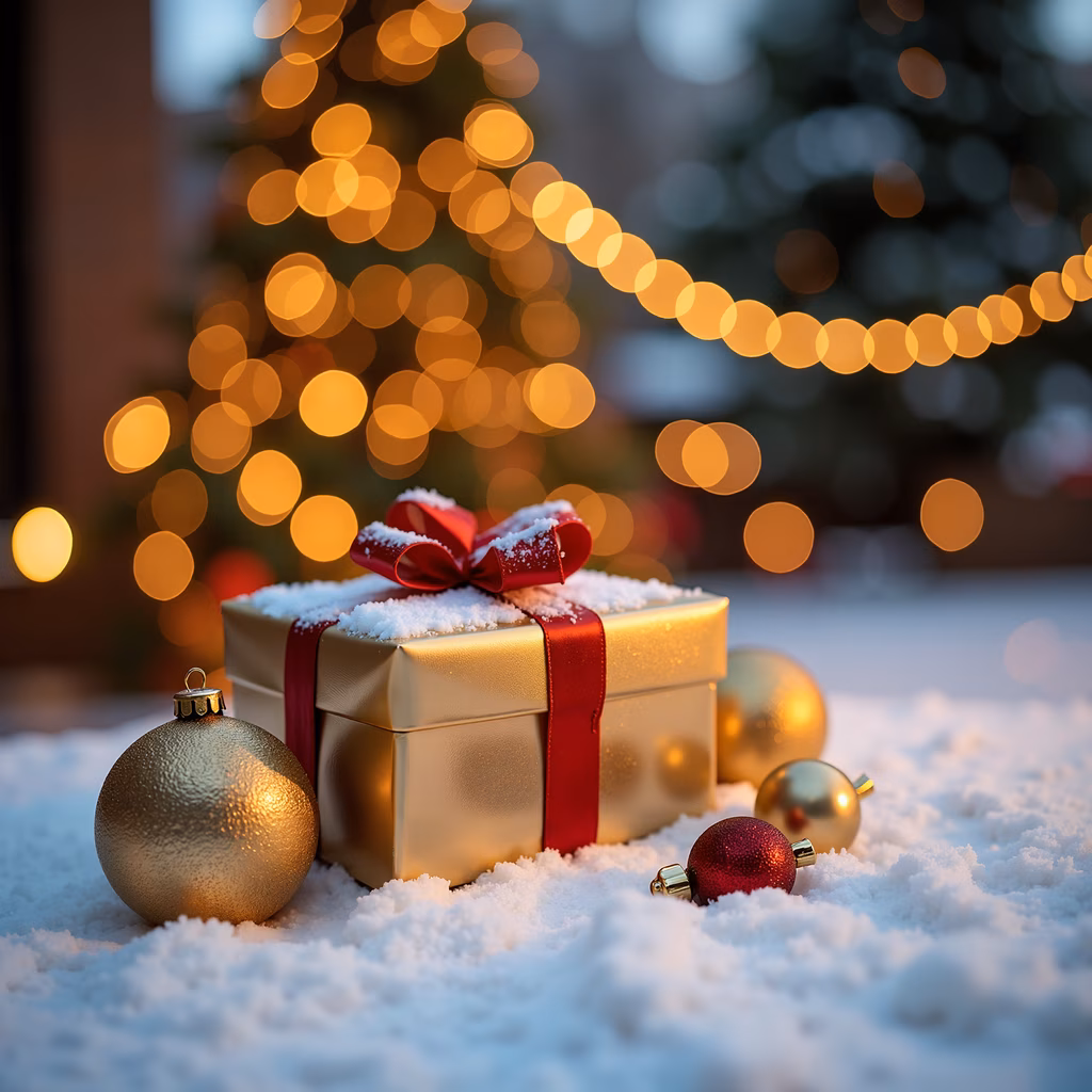 Golden gift box on snow with festive ornaments and glowing Christmas tree backdrop.