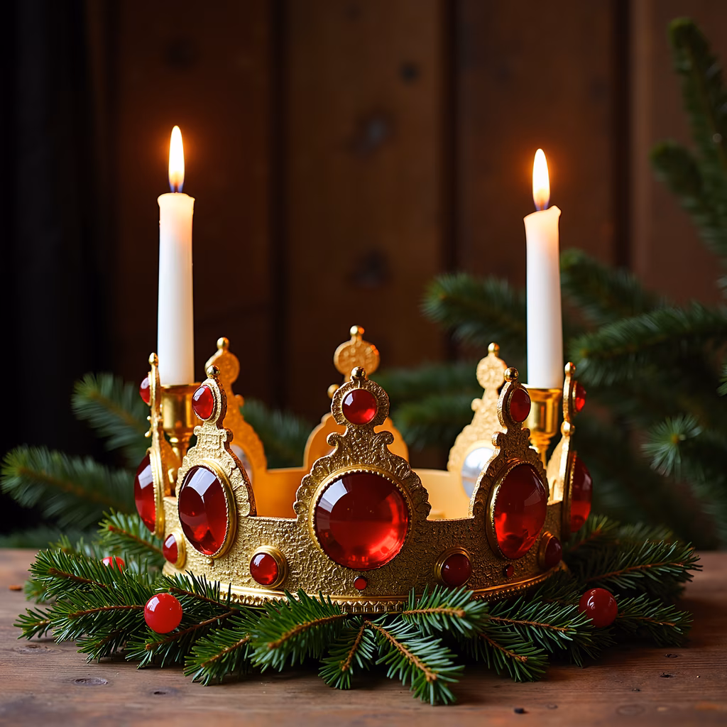 Golden crown with red gemstones and candles, holiday decor