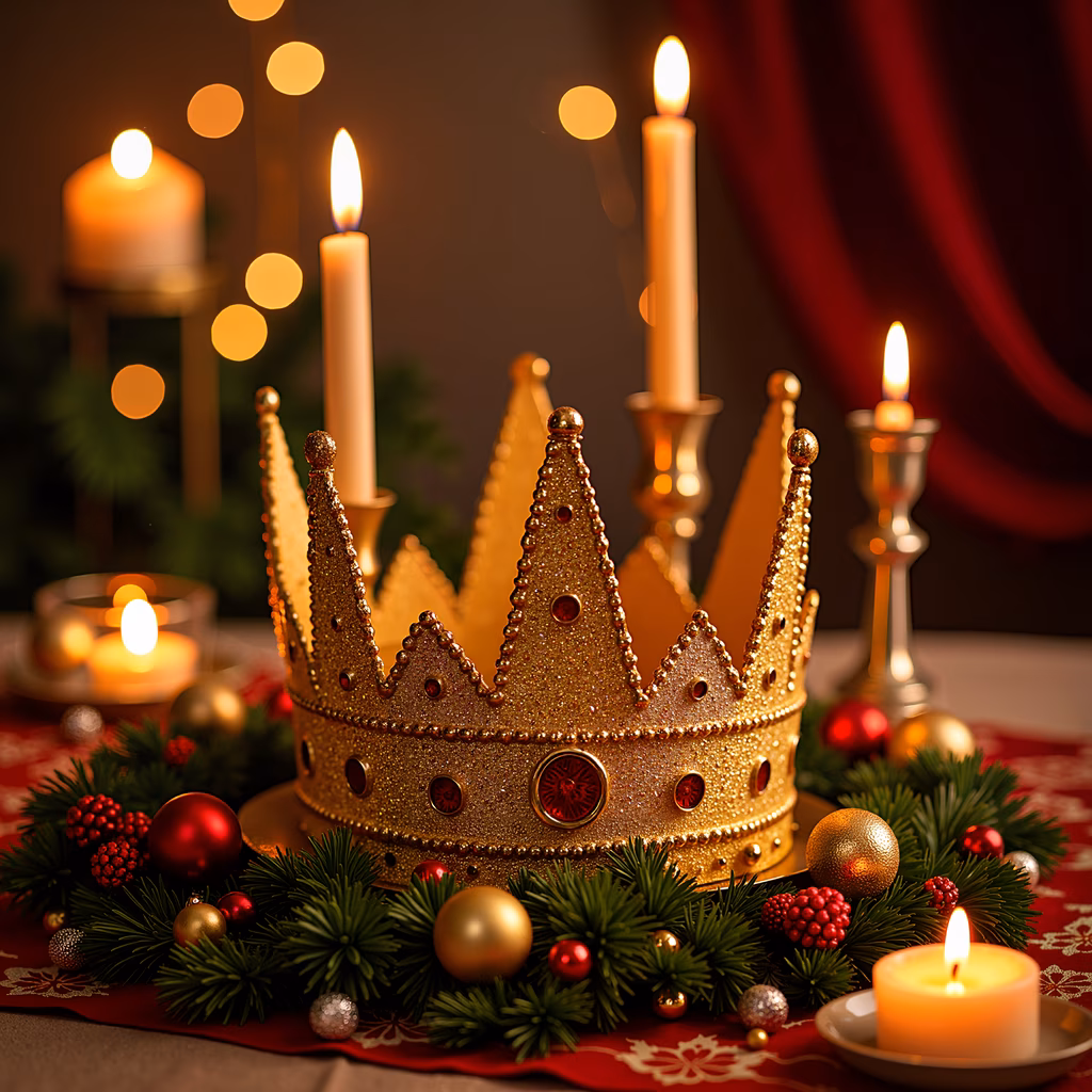 Golden crown, festive candles, holiday decorations, luxury, celebration