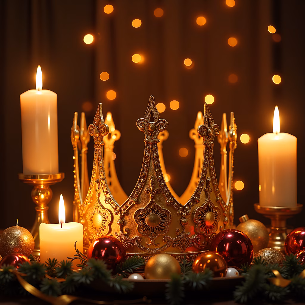 Golden crown surrounded by festive candles and ornaments, evoking luxury and celebration.