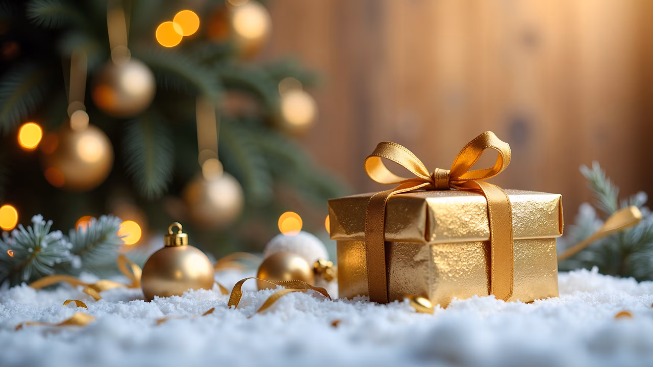 Golden gift box on snowy ground with festive ornaments and Christmas tree lights.