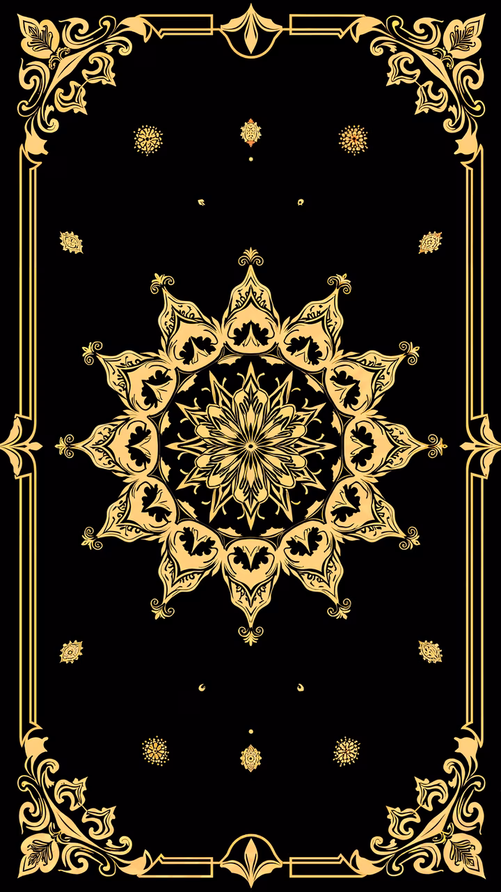 Golden mandala on black background, intricate design, spiritual harmony, ornate patterns, elegant contrast