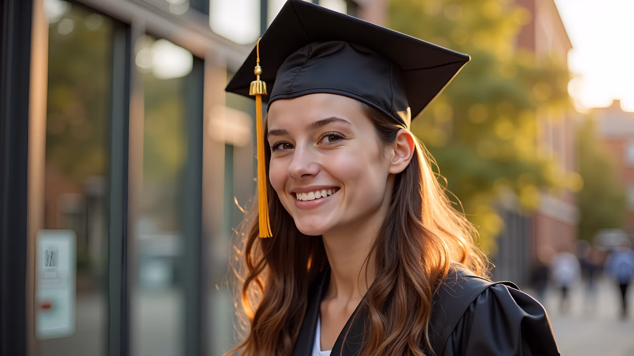 A joyful graduate celebrating their academic achievement under the warm glow of sunset.