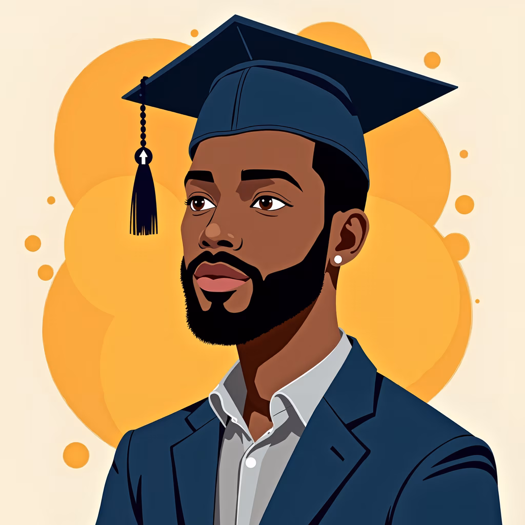 A celebratory illustration of a graduate in a graduation cap and gown, set against a warm golden background.