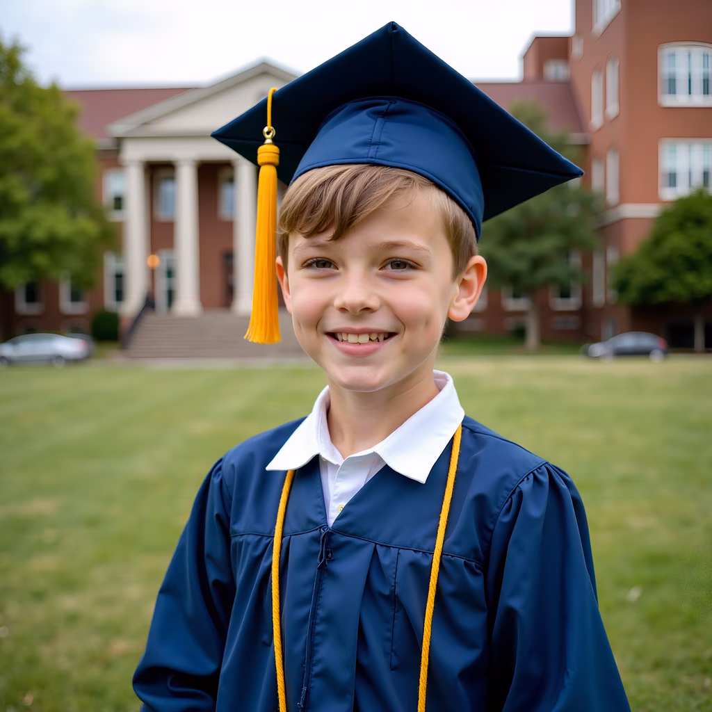 A joyful young graduate in a navy blue gown and cap, standing outdoors on a sunny day.