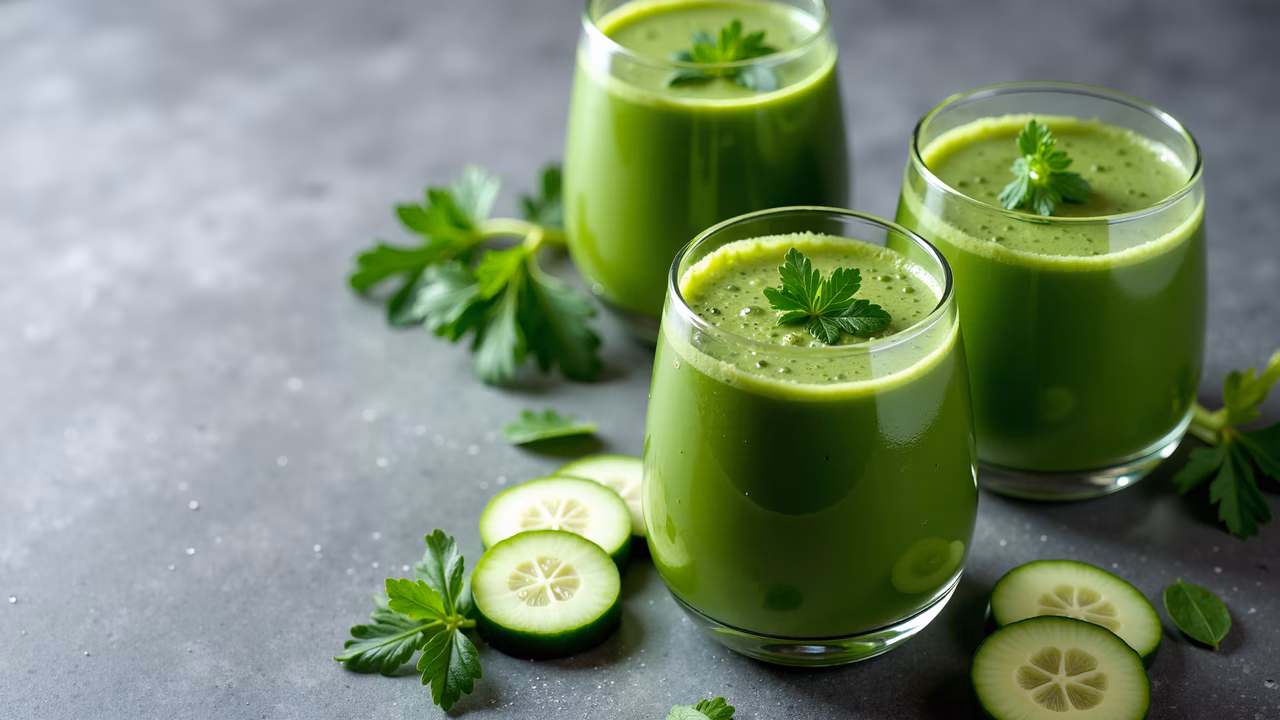 Vibrant green juice smoothies garnished with parsley on a neutral gray background.