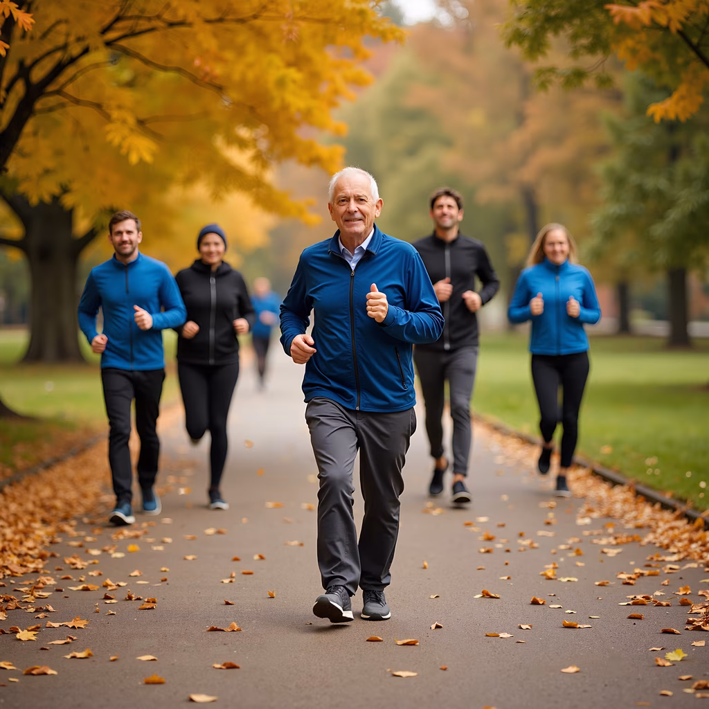 Group of joggers running in a park during autumn with colorful foliage in the background.