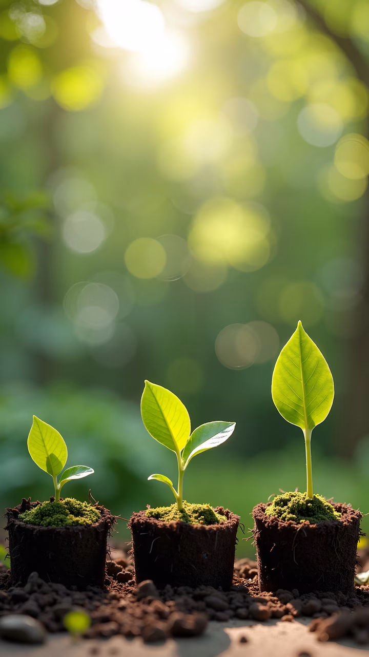 Three sprouts in mossy soil, glowing in natural light.