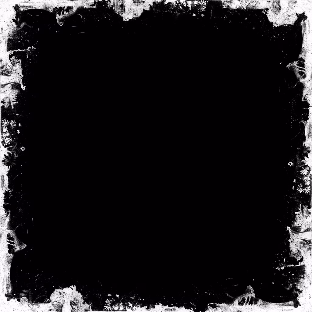 Grunge frame with floral accents and black center.