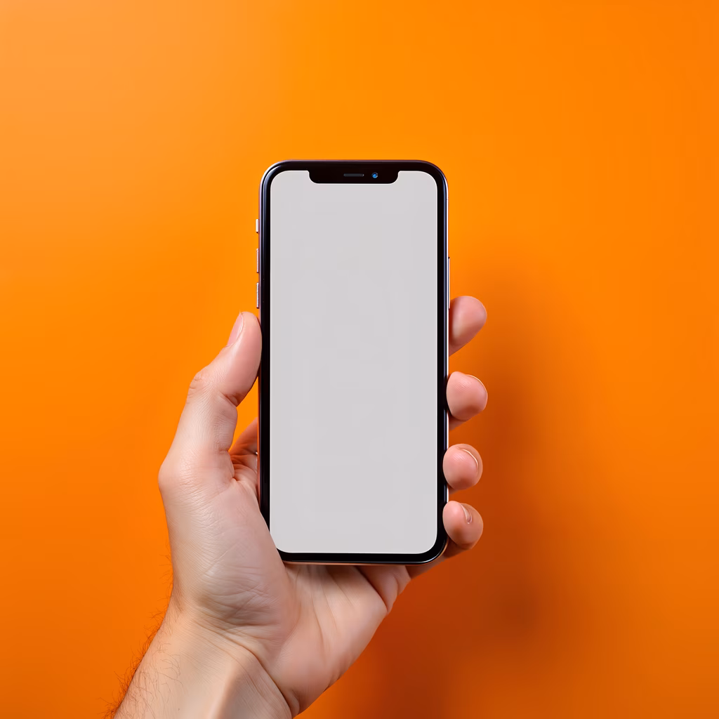 Close-up of a hand holding a smartphone against an orange background.