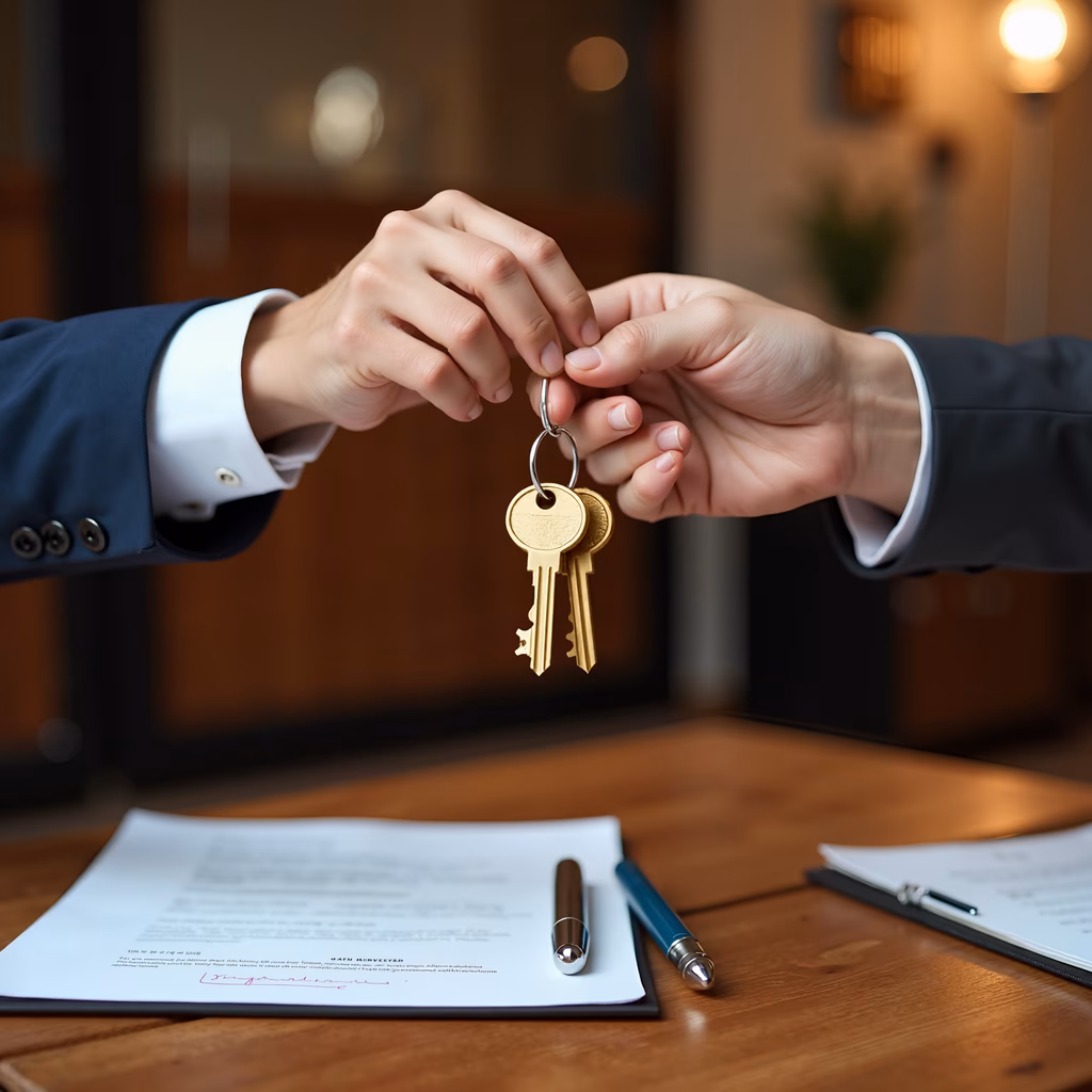 Formal handover of keys over a signed document, symbolizing real estate transaction.