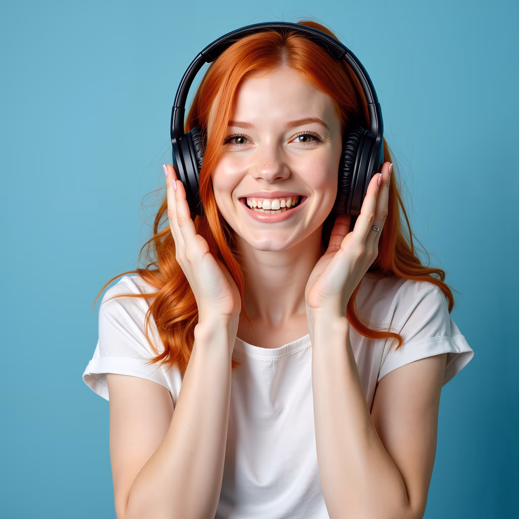 Brightly smiling woman enjoying music with earphones against a light blue backdrop.