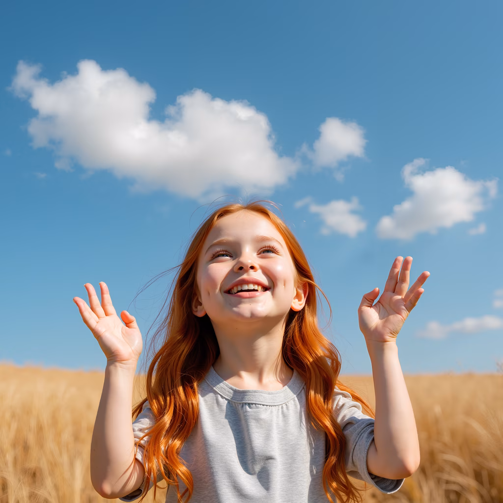 Joyful young girl in a wheat field under a sunny sky