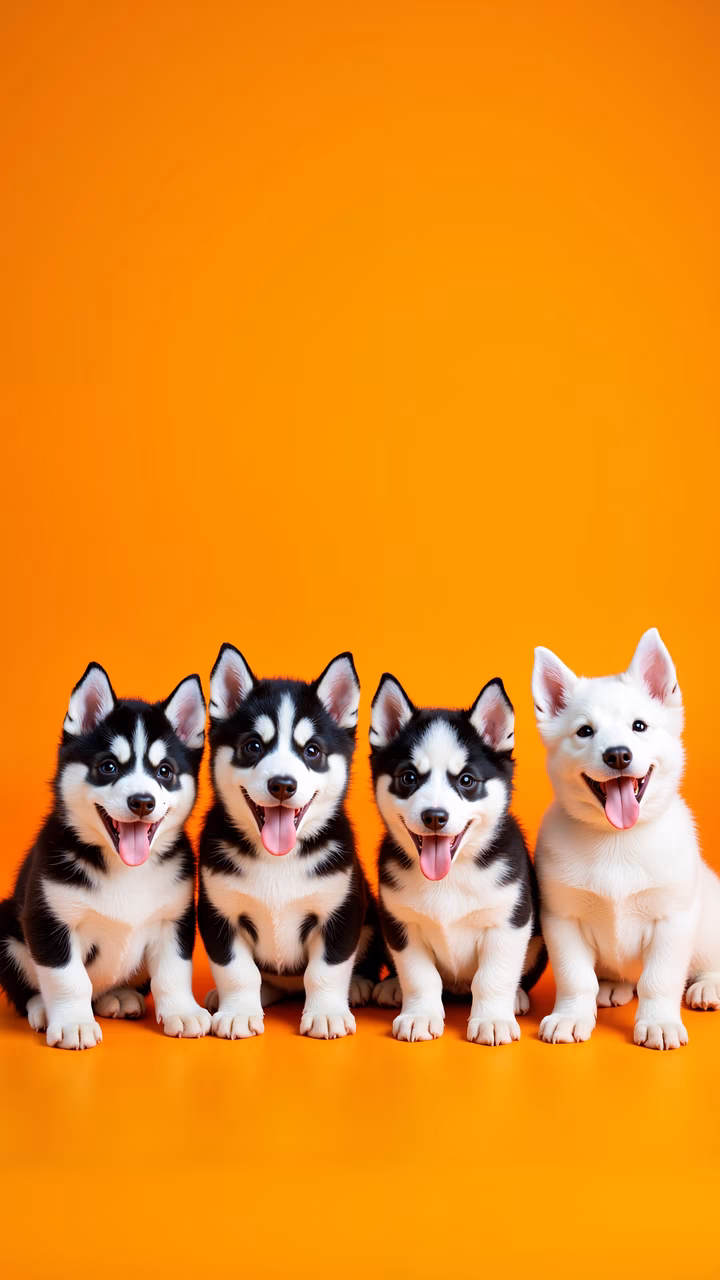 Four playful puppies against a bright orange background.